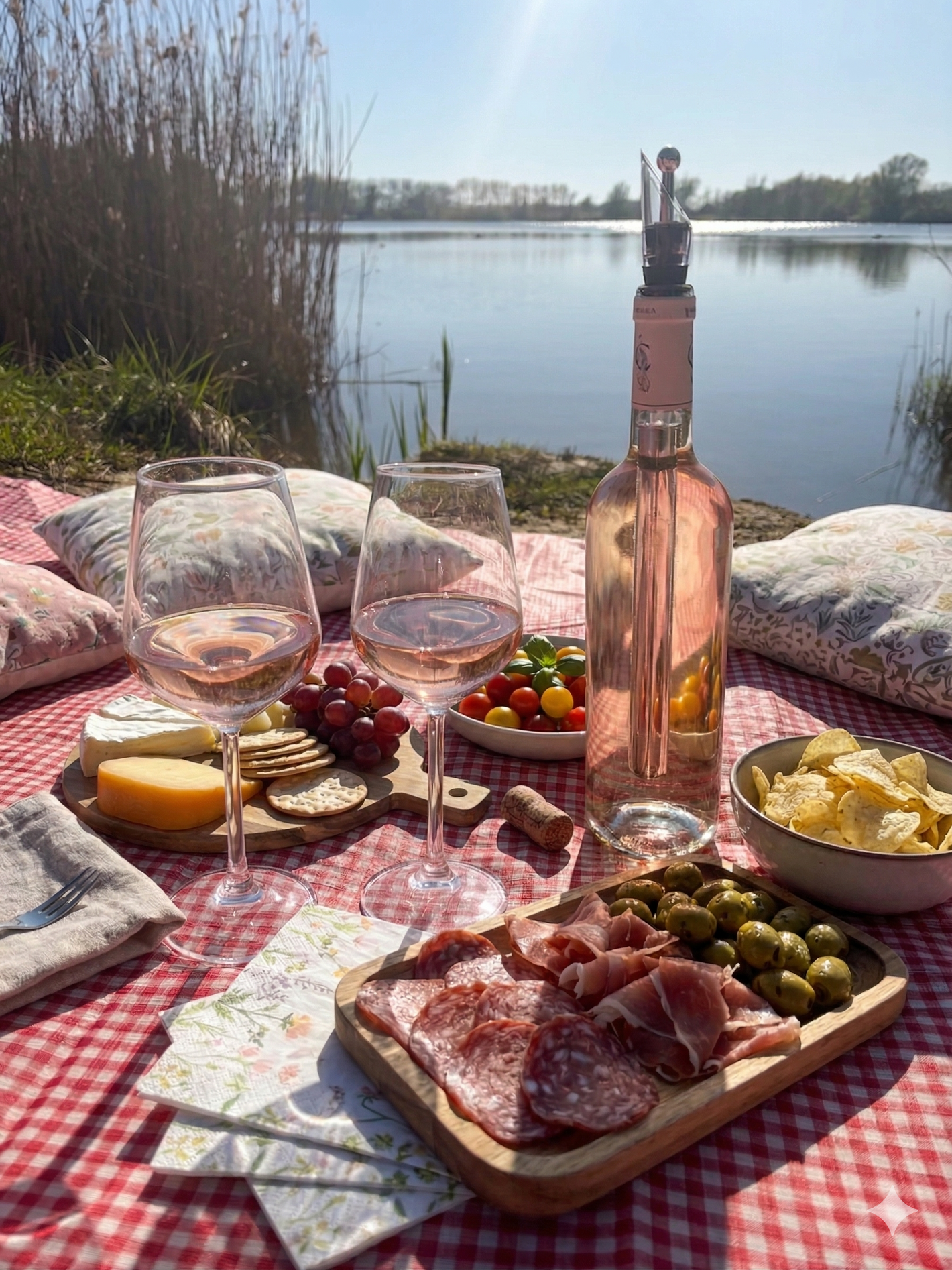 VinoBreeze wijnkoeler stick koelt fles rosé tijdens picknick met kaas, vleeswaren en olijven